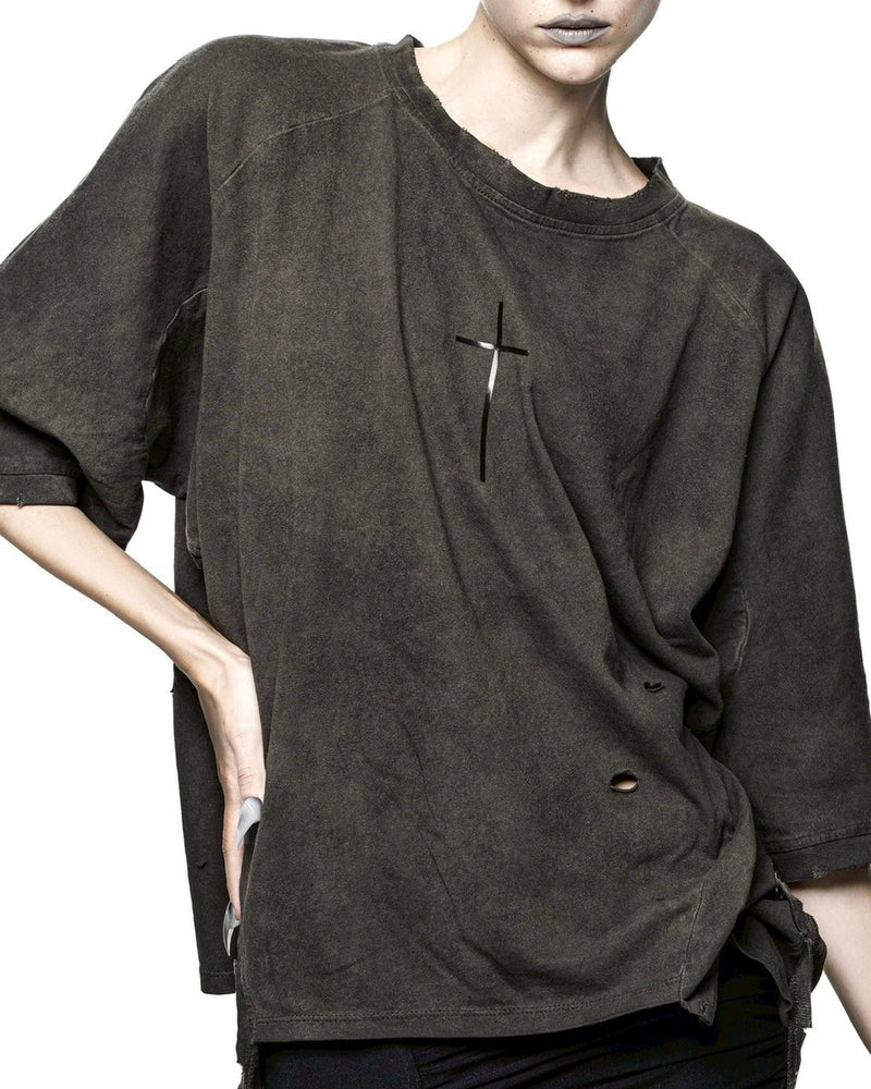 【LATUI ATELIER】DUSH T-SHIRT / 【ラトゥイ アトリエ】クロスデザインダメージ半袖Tシャツ