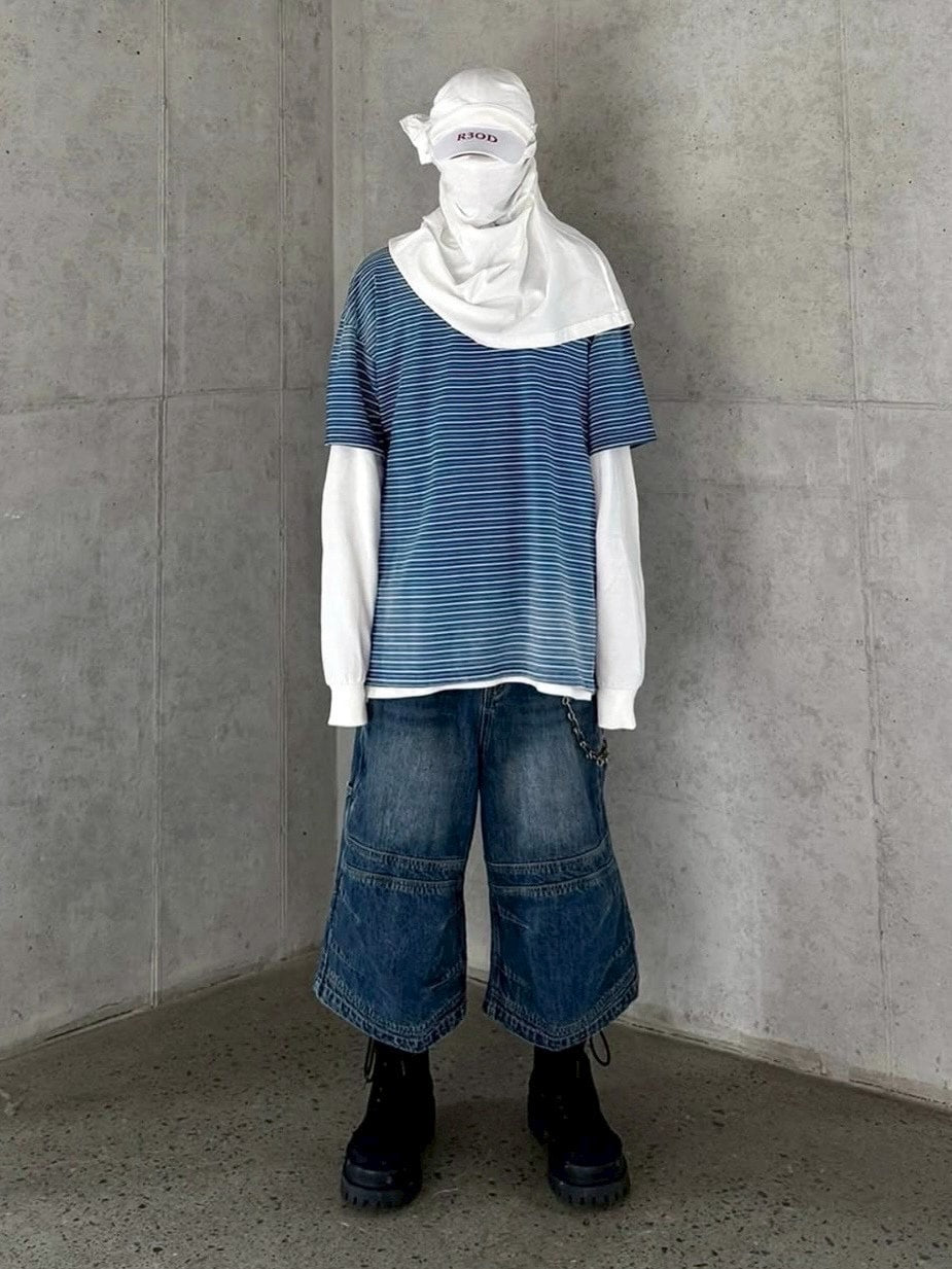 【roaringrad】WASHED INDIGO STRIPE T-SHIRT / 【ロアリングラド】ウォッシュドインディゴストライプ半袖Tシャツ