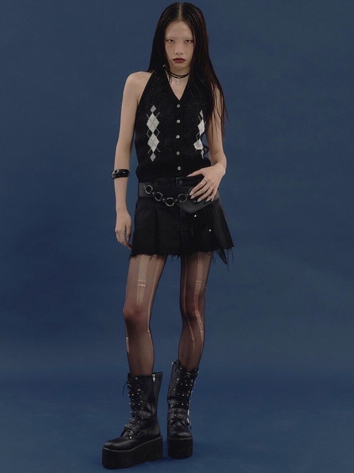 【NOT KNOWING】Argyle Linen Knit Halter Top / 【ノットノーイング】アーガイルリネンニットホルターベスト