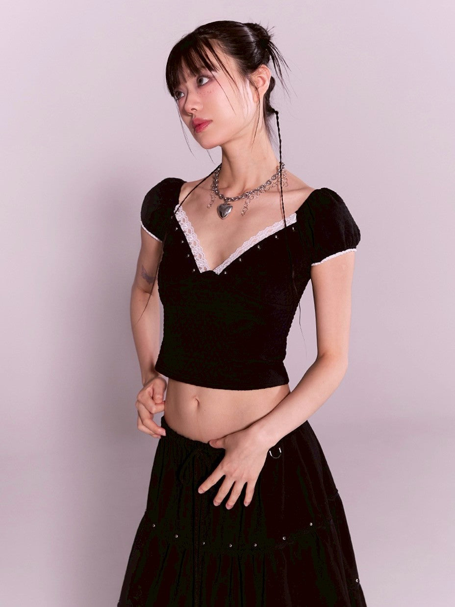 【CHERRYQUIRI】floral lace puff tee