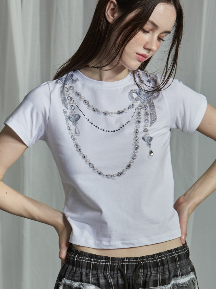 【GATELESS】NECKLACE PRINT CROPPED T-SHIRT / 【ゲートレス】ネックレスプリントクロップド半袖Tシャツ