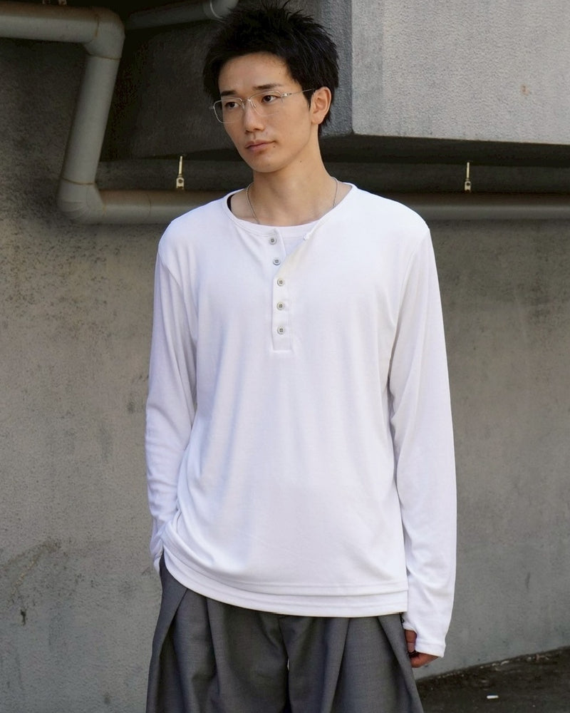 大阪店WEB限定【Chikashitsu +】layered henry neck long sleeve / 【チカシツプラス】レイヤードヘンリーネック長袖Tシャツ (3color)