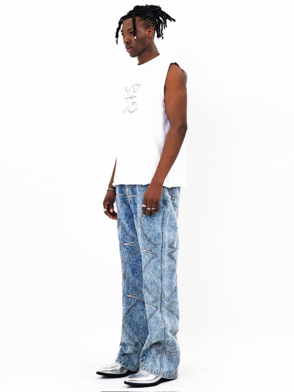 【E RIN AI E】METTALIC FOUR LEAF CLOVER DENIM PANTS