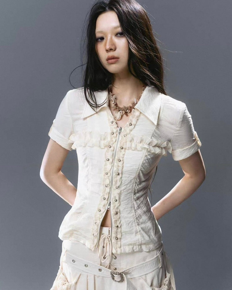 【Cest Nous】Lace Trim Rivet Blouse / 【セヌー】レースフリルリベットブラウス