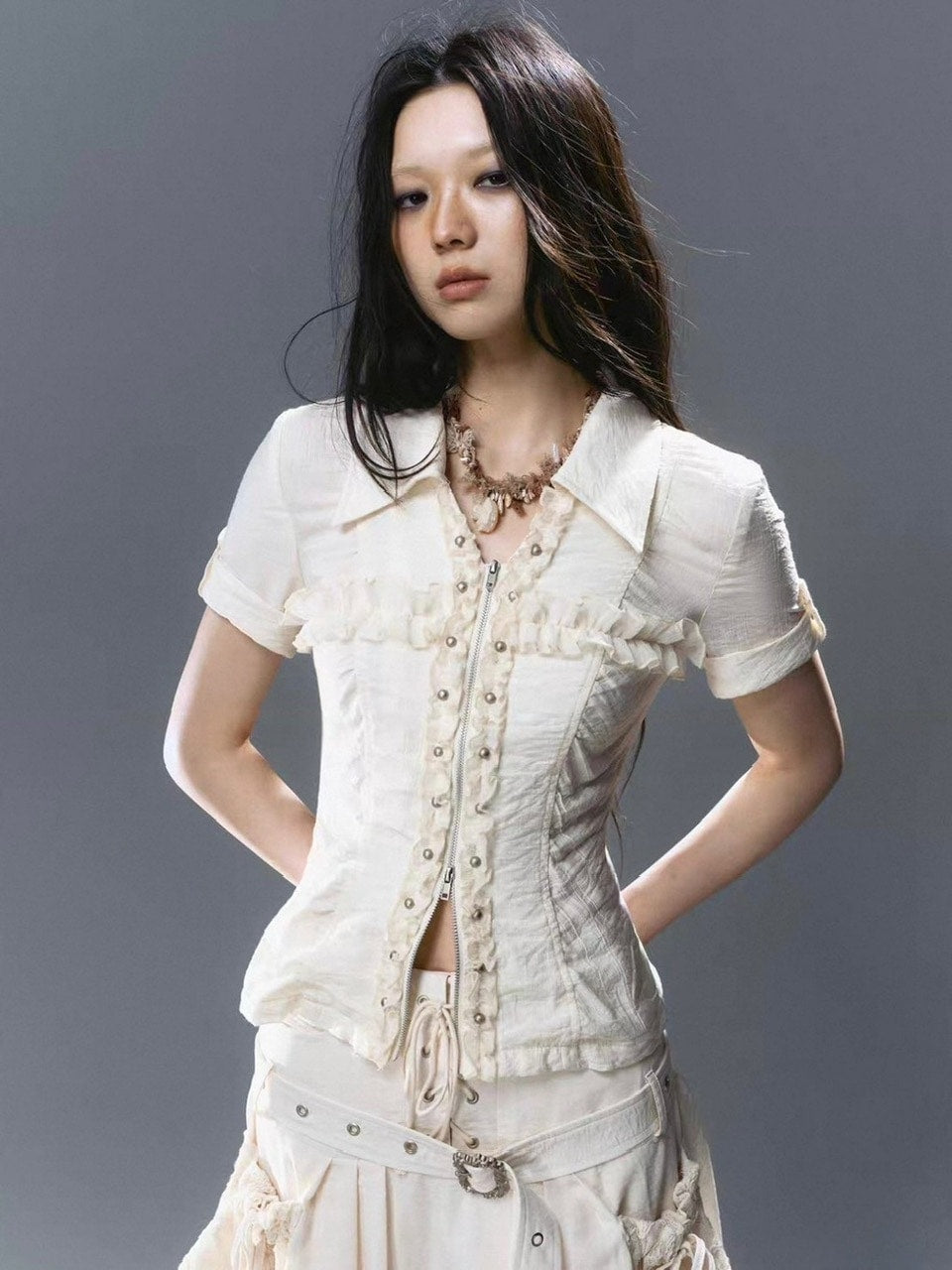 【Cest Nous】Lace Trim Rivet Blouse / 【セヌー】レースフリルリベットブラウス