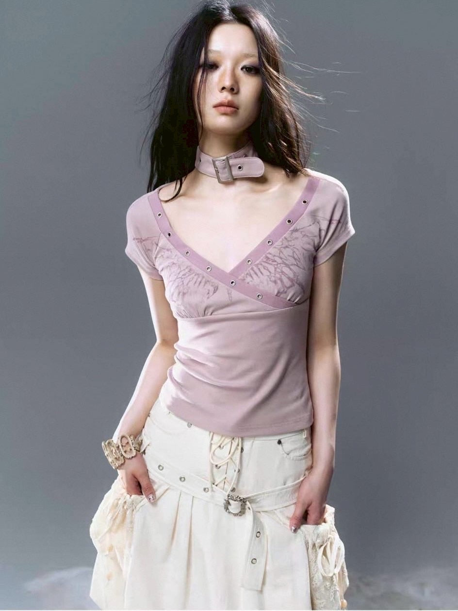 【Cest Nous】Butterfly Top / 【セヌー】チョーカーセットバタフライ半袖Tシャツ