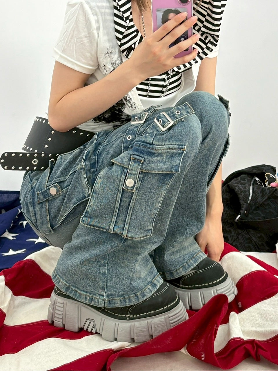 【NMTXU】flare cargo denim pants / 【エヌエムティーエックスユー】ウォッシュドフレアカーゴデニムパンツ