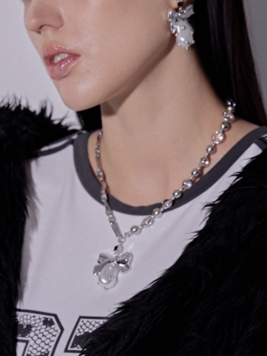 【PEG LEG】ribbon switch pearl chain necklace