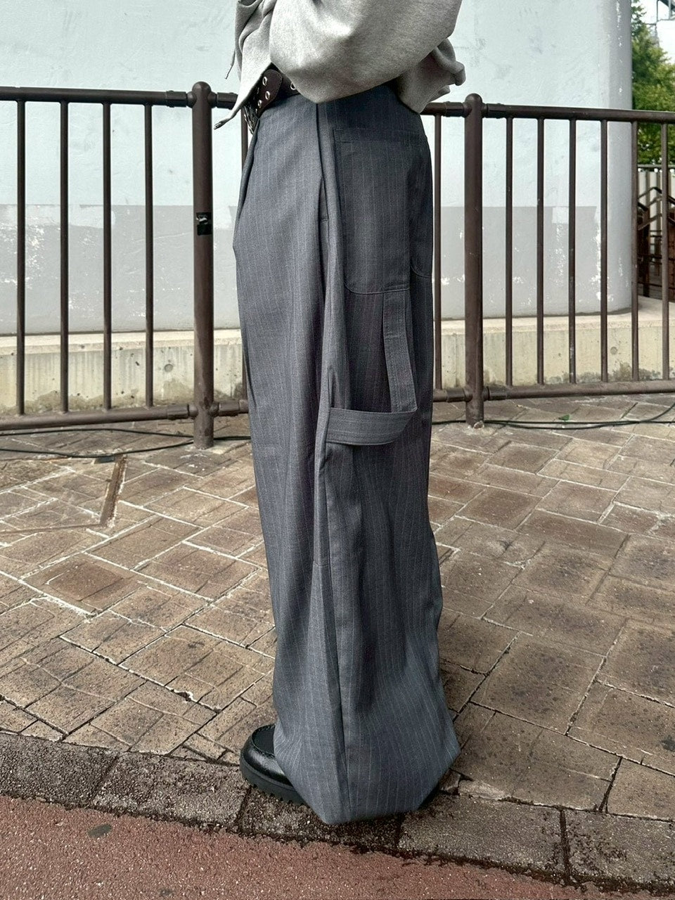 受注制【Chikashitsu +】draw cord stripe wide slacks / 【チカシツプラス】ドローコードストライプワイドスラックス (2color)