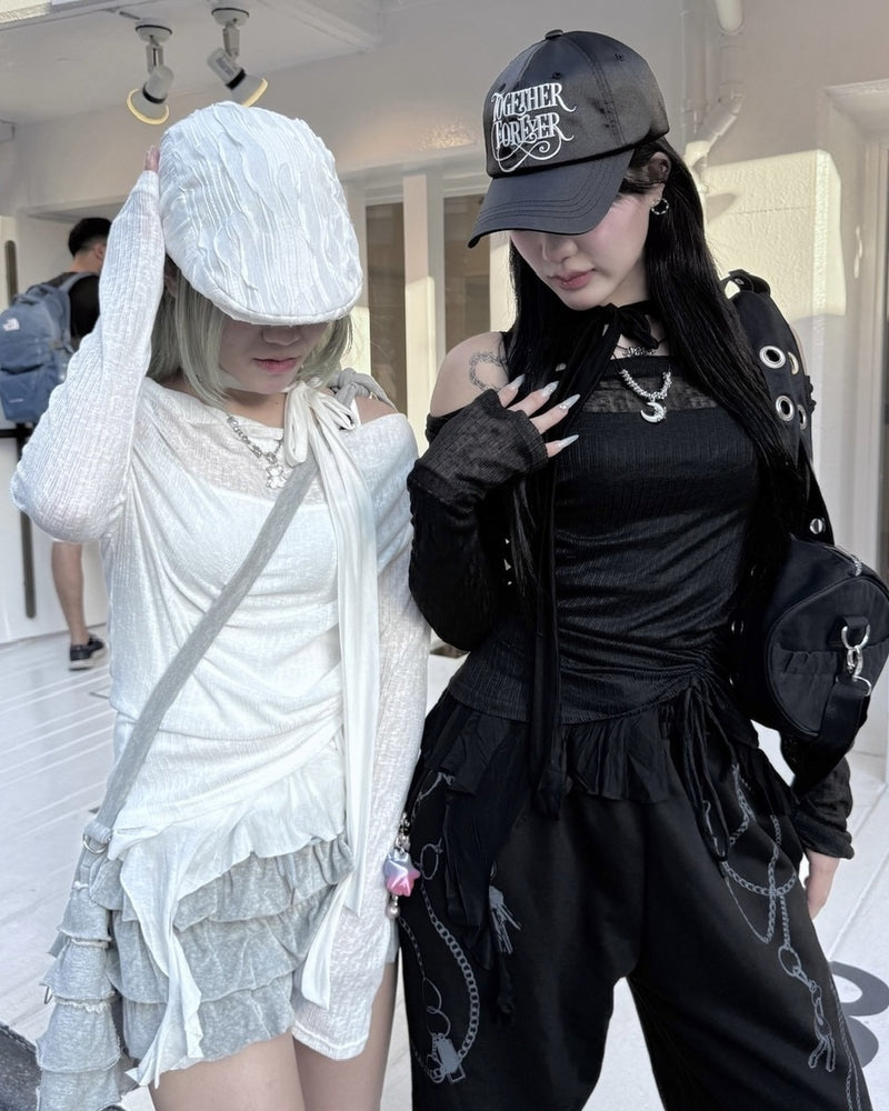 受注制【nmtc +】tie set off shoulder sheer long sleeve / 【エヌエムティーシープラス】タイセットオフショルダーシアー長袖Ｔシャツ (3color)