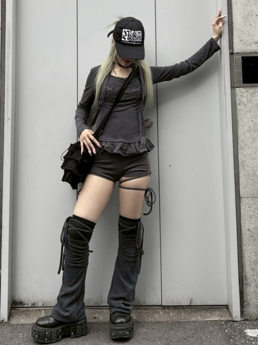 受注制【nmtc +】tie set check lace long sleeve / 【エヌエムティーシープラス】タイ付きチェックレース切り替え長袖Tシャツ (3color)