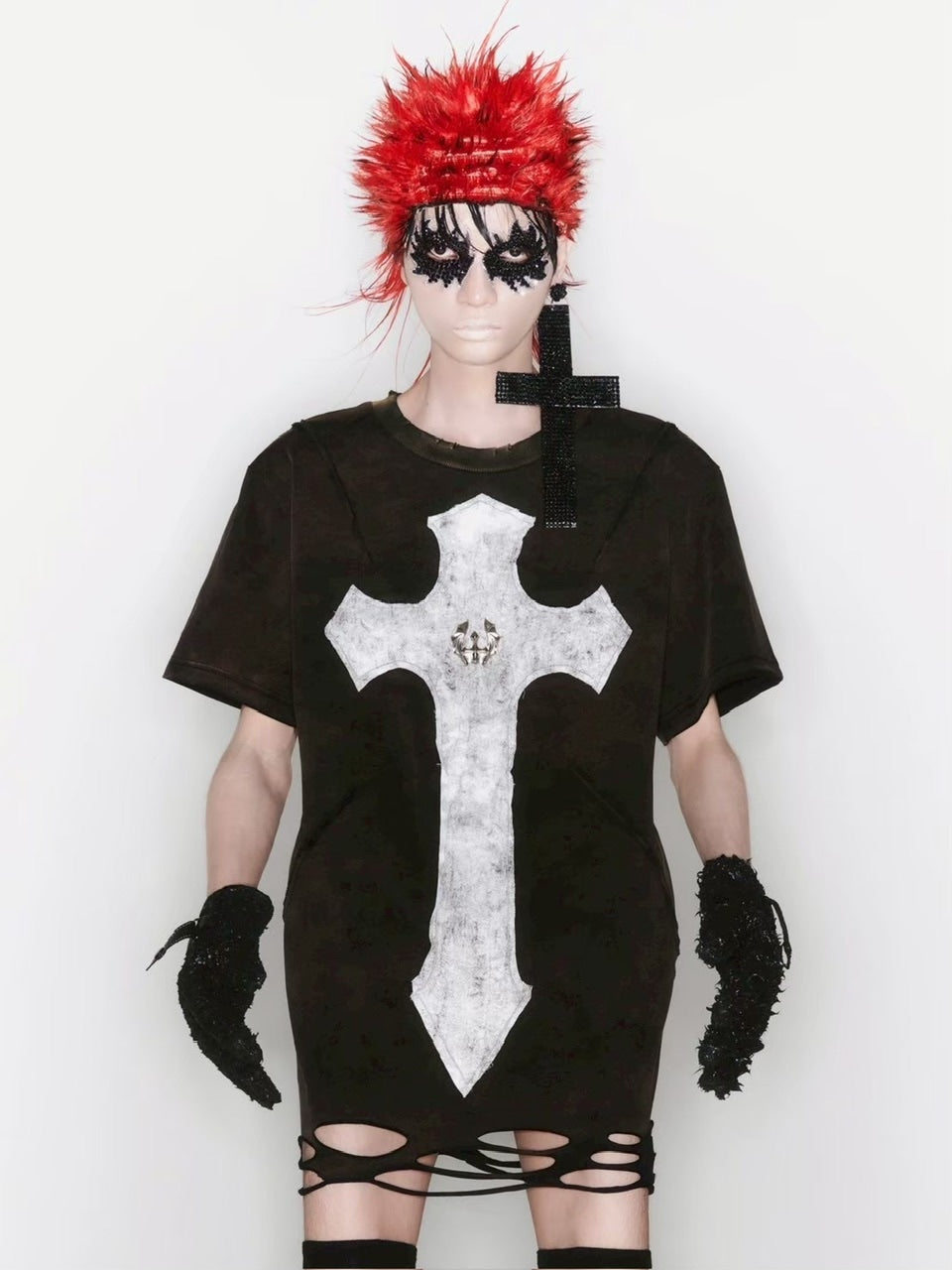 【UNIZ】Cross Knight T-Shirt / 【ユニズ】オーバーサイズクロスダメージ半袖Tシャツ