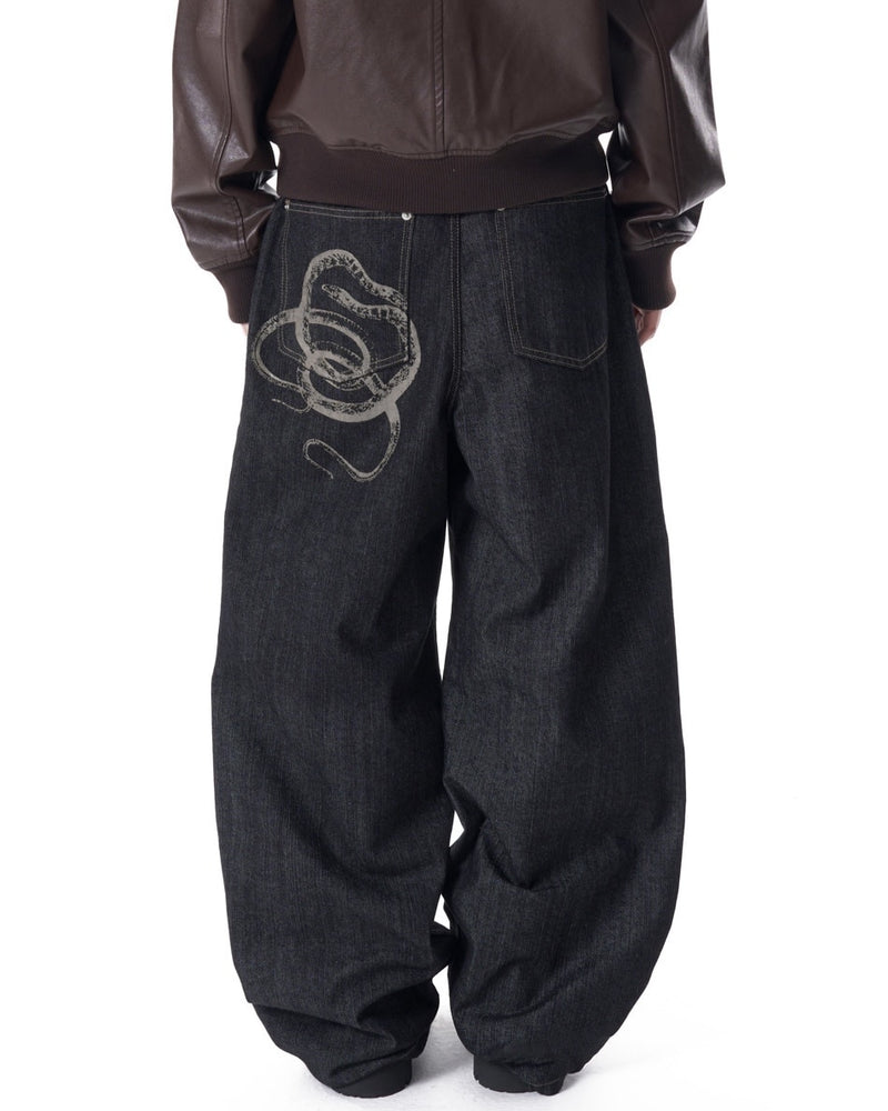 【AAKAM】Snake Printed Denim Pants