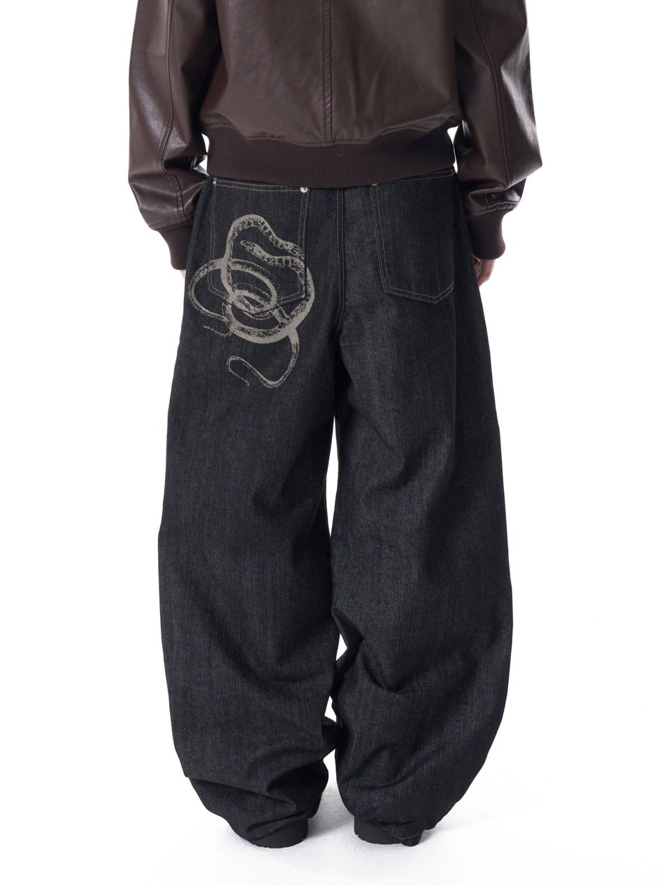 【AAKAM】Snake Printed Denim Pants