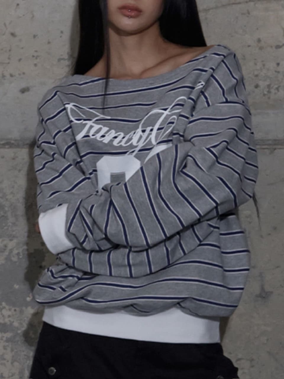 【FANCY CLUB】STRIPE ONE-SHOULDER SWEATSHIRT / 【ファンシークラブ】ストライプワンショルダースウェット長袖Ｔシャツ