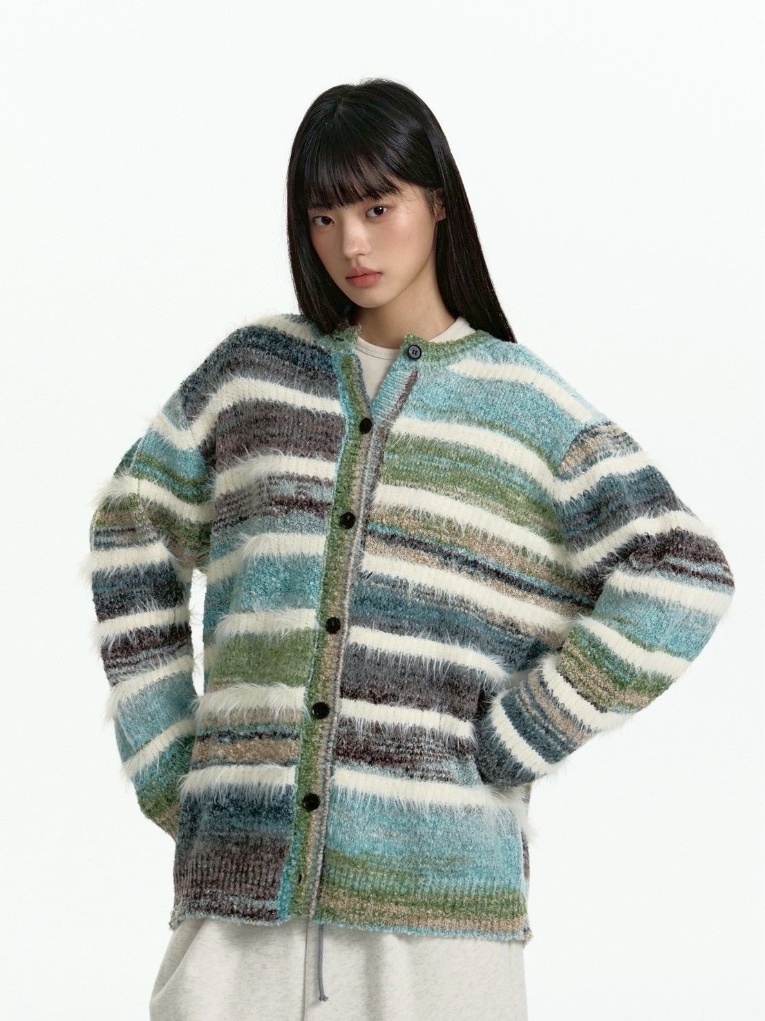 【TGNS】Gradient Terry Faux Mink Striped Cardigan Sweater / 【ツーガンズ】マルチカラーボーダーニットカーディガン