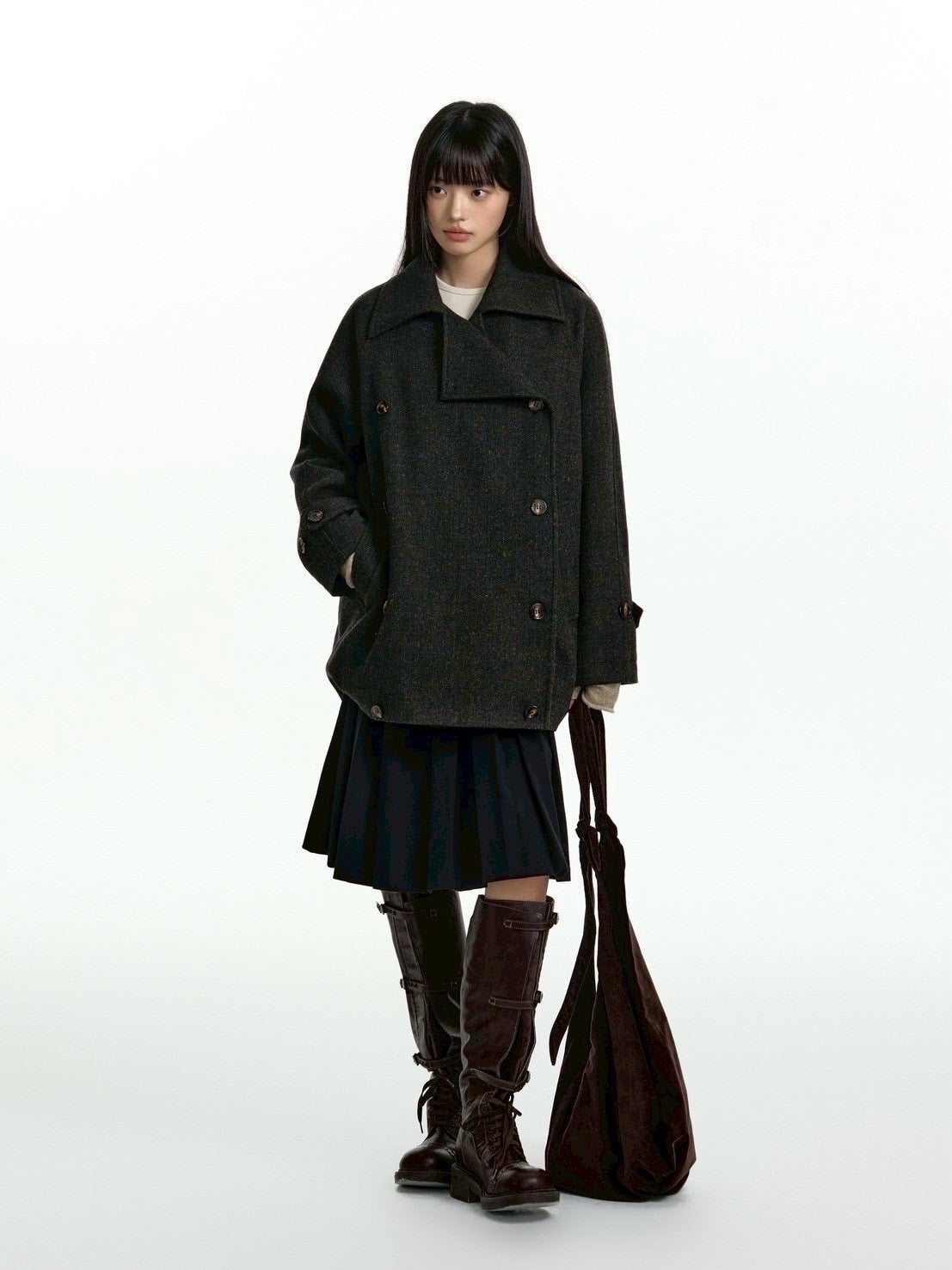 【TGNS】Dark Texture Double-Breasted Short Wool Coat / 【ツーガンズ】ダブルブレステッドボタンショートウールコート