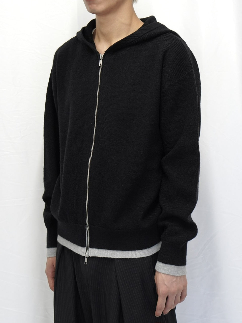 【CS】layered knit zip hoodie (black) / 【シーエス】レイヤードニットジップフーディー