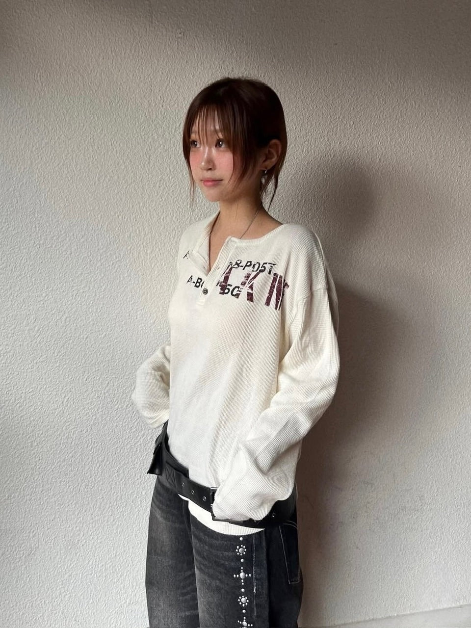 【AAKAM】Waffle Henry Neck Long Sleeve