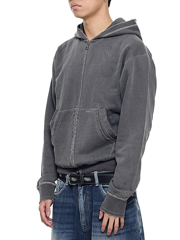 【AAKAM】Vintage Damaged Zip-Up Hoodie