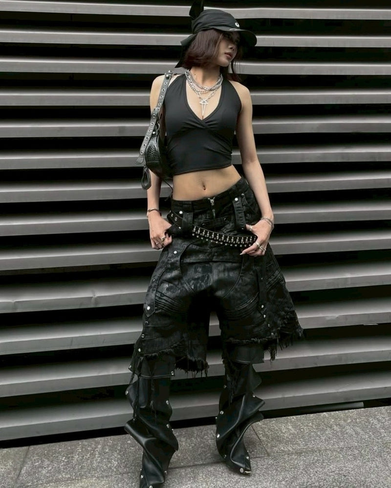 1/2 20:00再販【RICH】Knight Wide Waxed Short Pants/ 【リッチ】デザインデニムダメージハーフパンツ