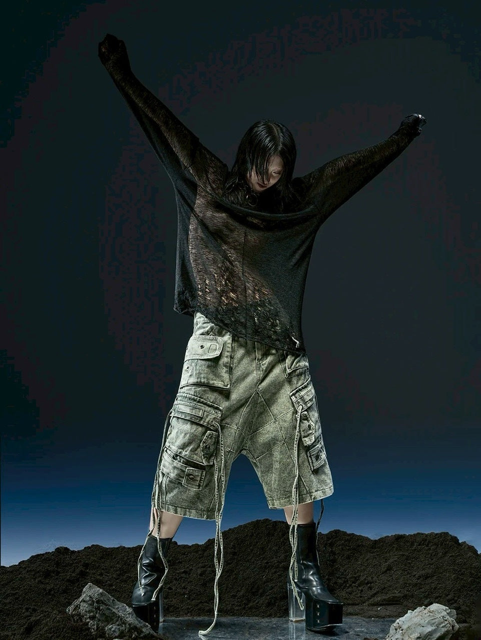 【RICH】Cargo Wide Green Washed Short pants / 【リッチ】ポケットカーゴデニムハーフパンツ