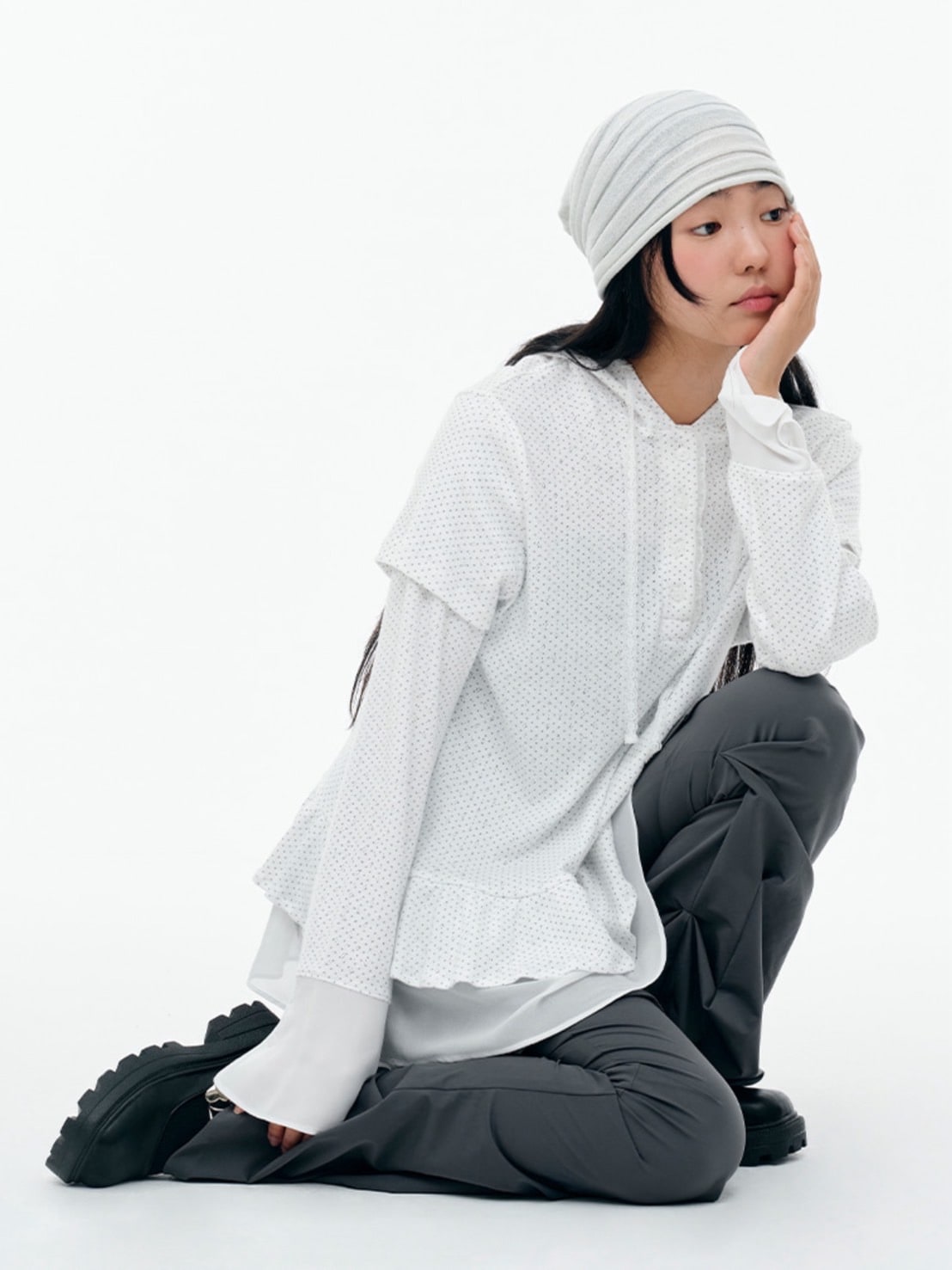 【TUOMIO】FRILL CHIFFON HOODIE / 【トゥオミオ】フリルシフォンフードパーカー