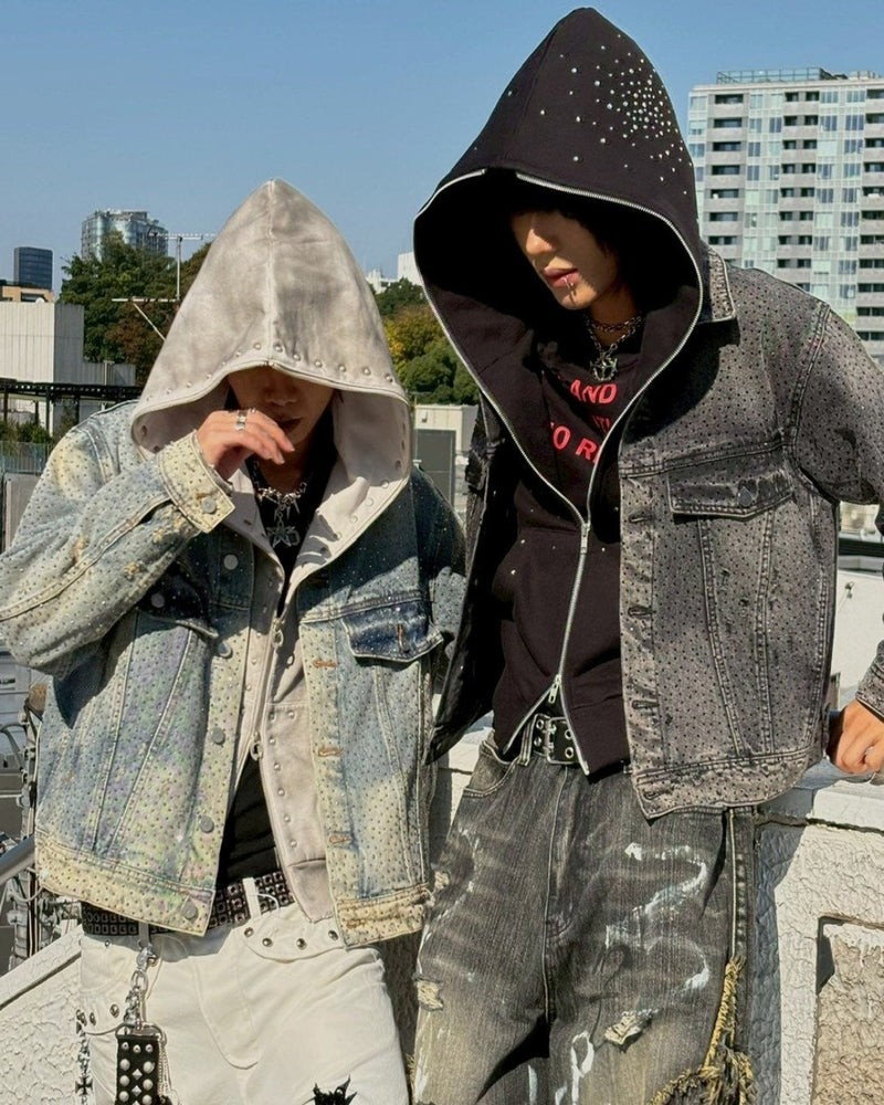 【Never mind the XU】rhinestone denim jacket / 【ネバーマインドザエックスユー】ラインストーンデニムジャケット (2color)