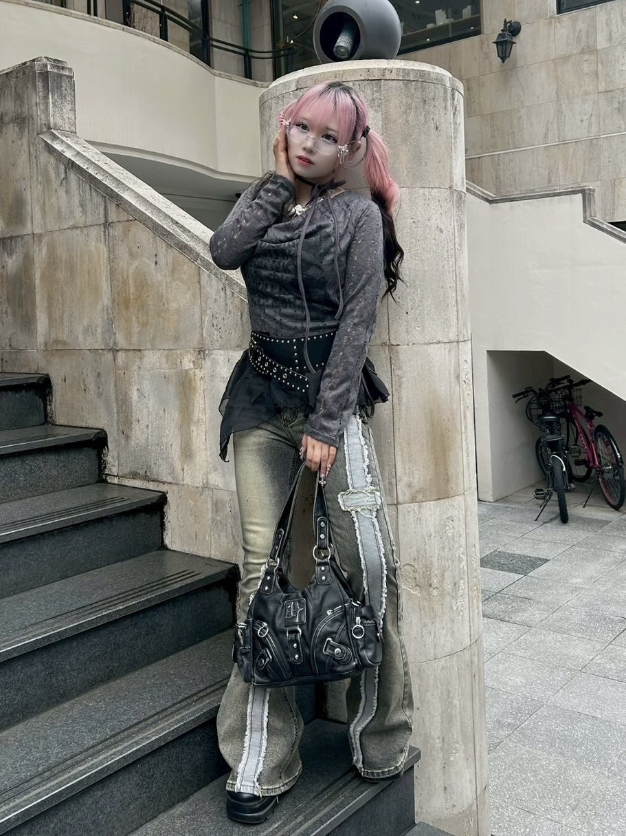 【Never mind the XU】see-through loose tops / 【ネバーマインドザエックスユー】シースルーレイヤードフリル長袖トップス (2color)