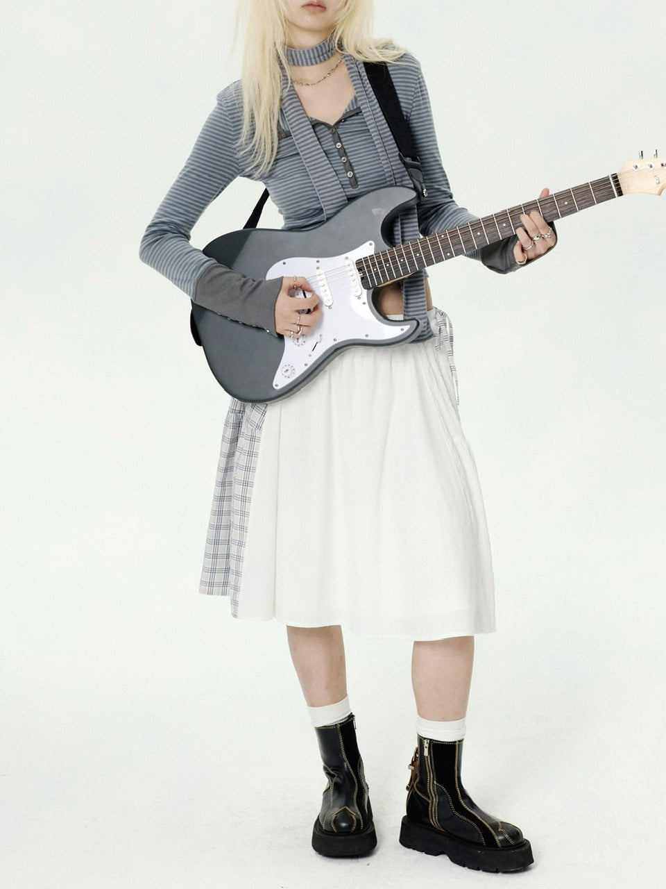 【runningHIGH】BUTTON STRIPE L/S TEE with MUFFLER / 【ランニングハイ】マフラー付きボタンストライプ長袖Ｔシャツ