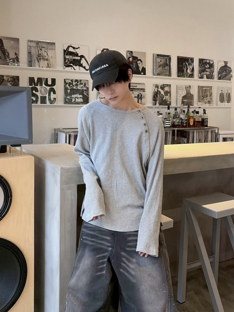 受注制【LUV CODE】snap button waffle long sleeve tee (2color)