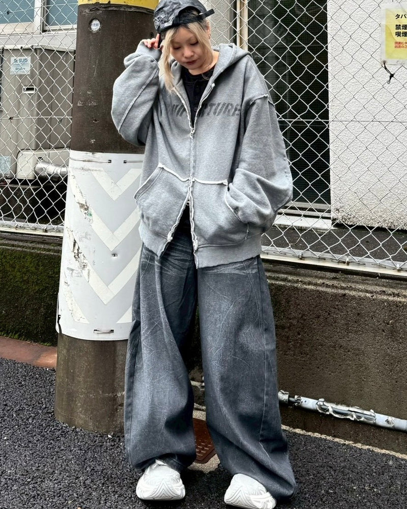 【Never mind the XU】damage oversized zip up hoodie / 【ネバーマインドザエックスユー】ダメージオーバーサイズジップアップパーカー