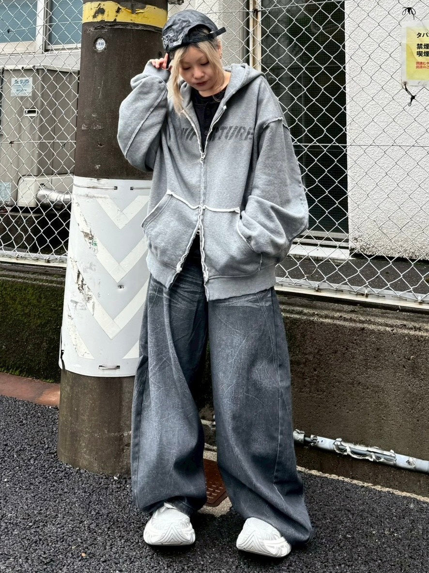 【Never mind the XU】damage oversized zip up hoodie / 【ネバーマインドザエックスユー】ダメージオーバーサイズジップアップパーカー