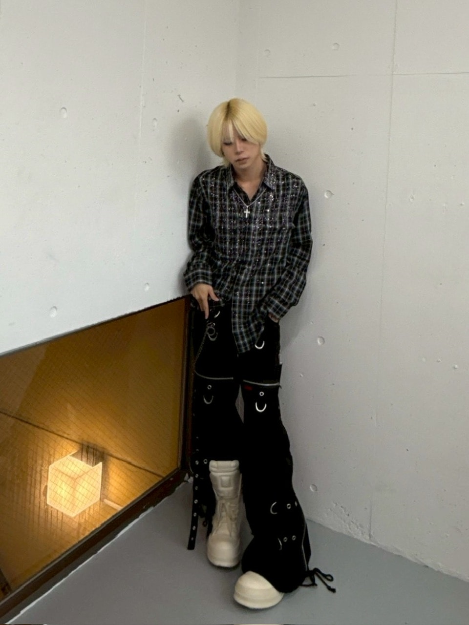 【Never mind the XU】rhinestone check shirt / 【エックスユードッグ】ラインストーンチェック長袖シャツ (2color)