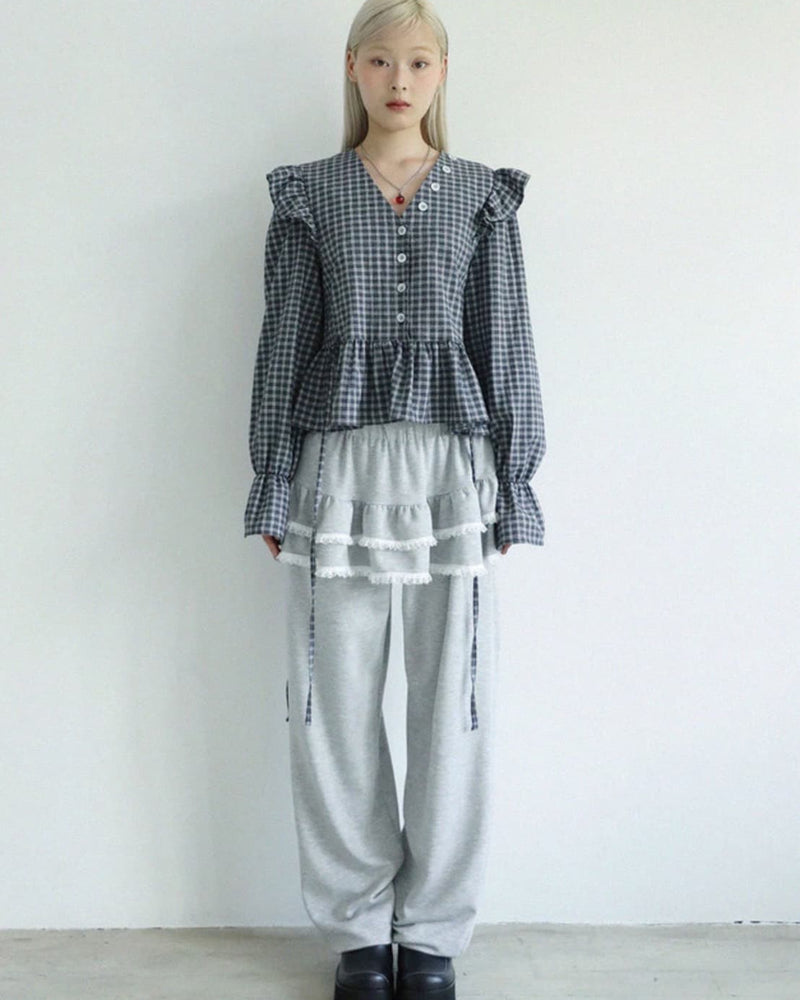 12/21 20:00 再販【Uglyshadow】BUTTON CHECK FRILL BLOUSE