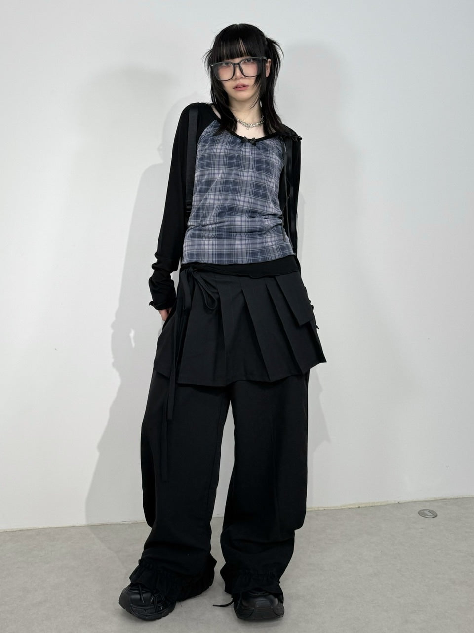 国際配送【Nerd out XU】pleats layered skirt pants set (2color)