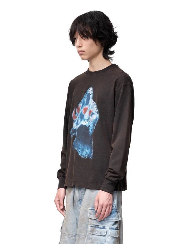 【The Boy Has No Patience】Two-Color Printed Long Sleeves (Washed + Damaged) / 【ザボーイハズノーペーシェンス】グラフィックプリント長袖Tシャツ