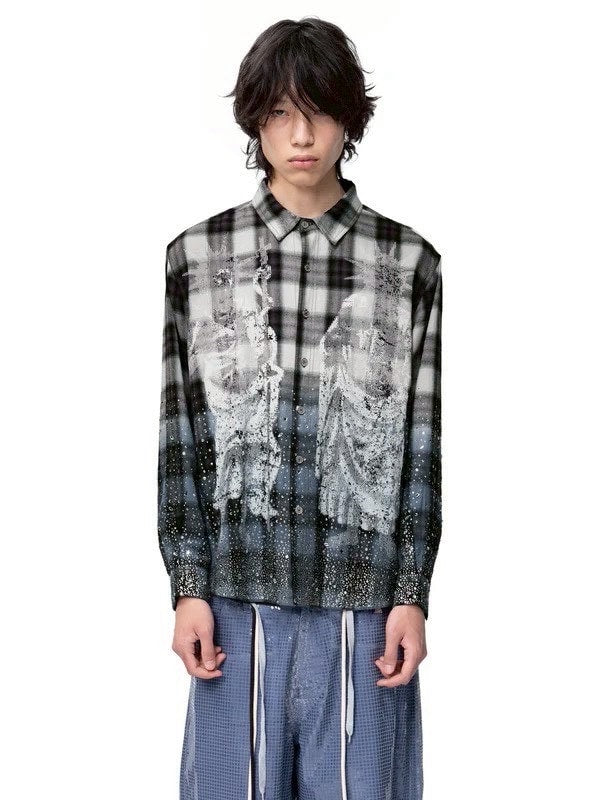 【The Boy Has No Patience】Saint Irregular Hot Diamond Plaid Shirt / 【ザボーイハズノーペーシェンス】ラインストーングラデーション長袖チェックシャツ