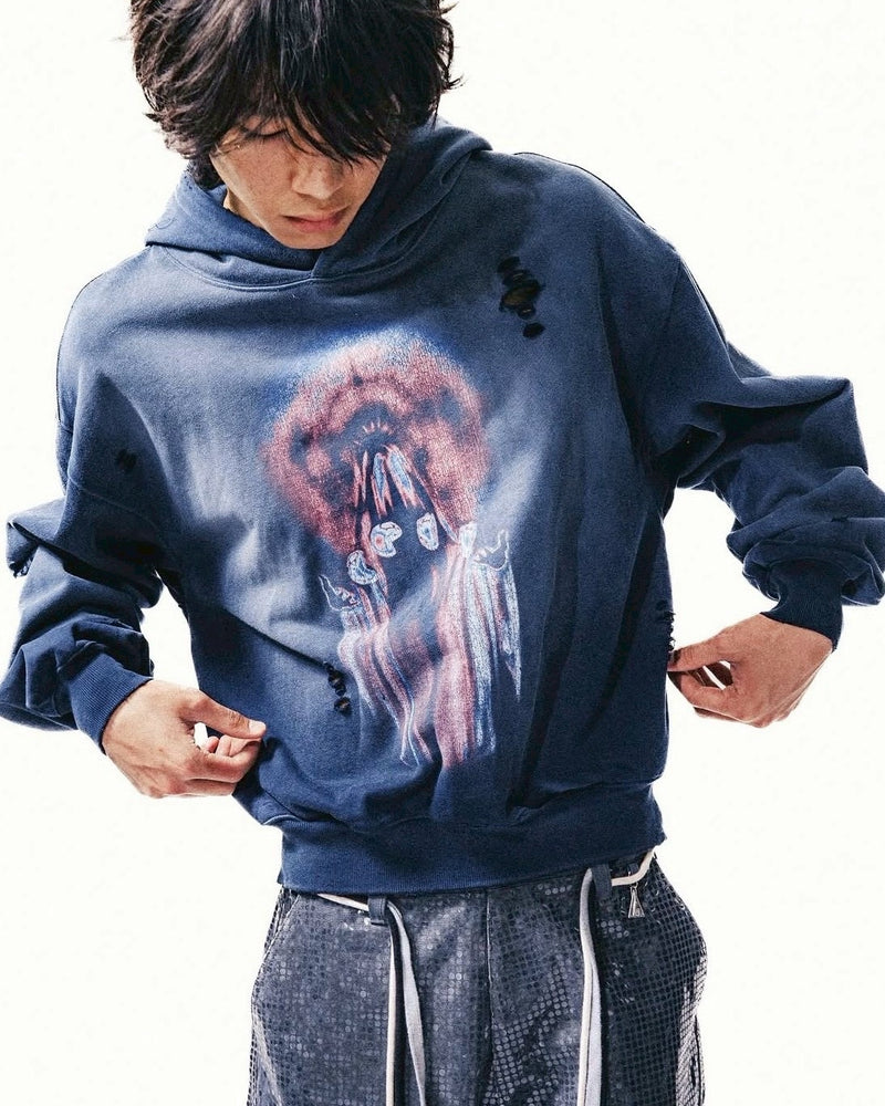 【The Boy Has No Patience】Knife-Cut Destruction Spray-Colored Sweatshirt / 【ザボーイハズノーペーシェンス】グラフィックスプレーカラープルオーバーパーカー