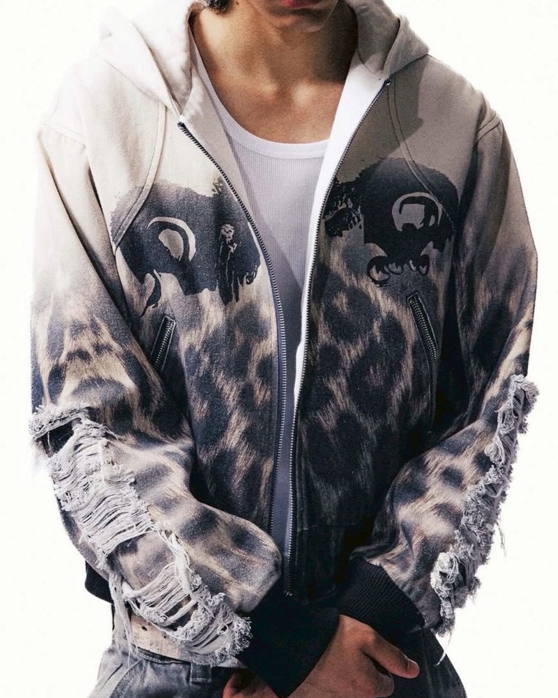 【The Boy Has No Patience】Fur Print Patchwork Jacket / 【ザボーイハズノーペーシェンス】レオパードプリントダメージフードジップアップブルゾン