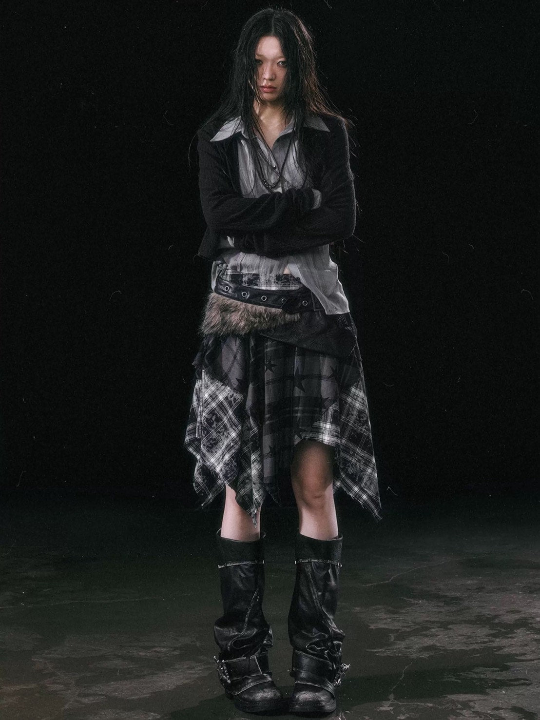 【Cest Nous】Star-Patterned Plaid Asymmetrical Skirt