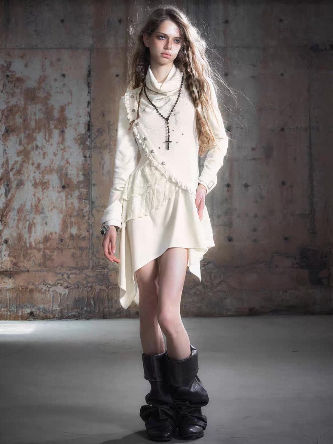 【Cest Nous】Beige Cowl Neck Dress / 【セヌー】ハイネックアシンメトリーフリルワンピース