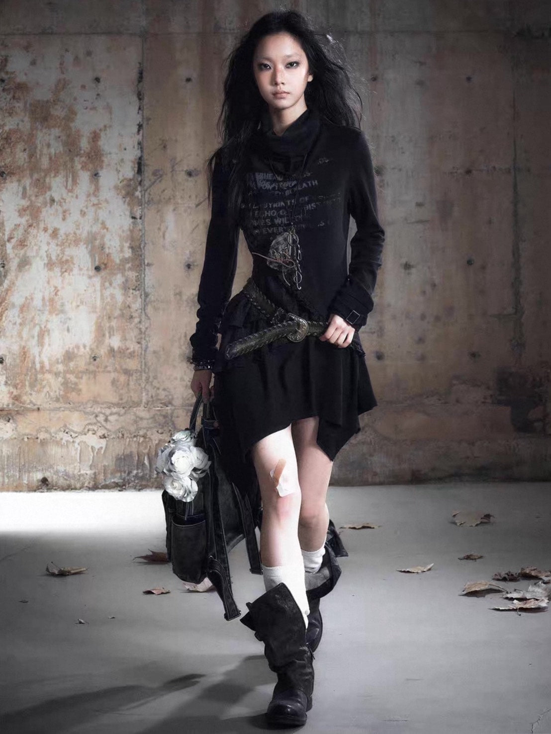 【Cest Nous】Black Cowl Neck Dress / 【セヌー】ハイネックアシンメトリーフリルワンピース