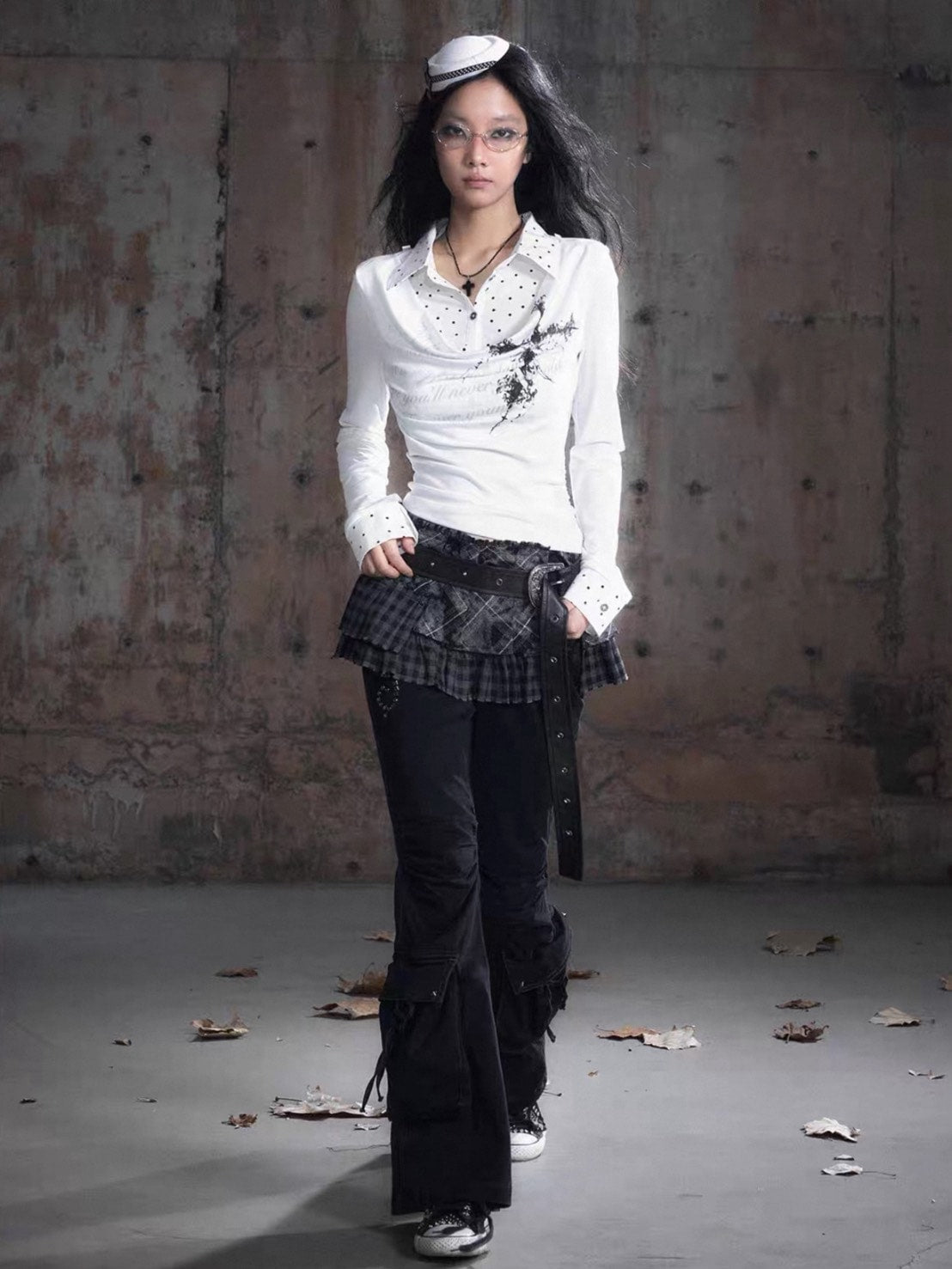 【Cest Nous】White Polka Dot Top / 【セヌー】レイヤードドットシャツ