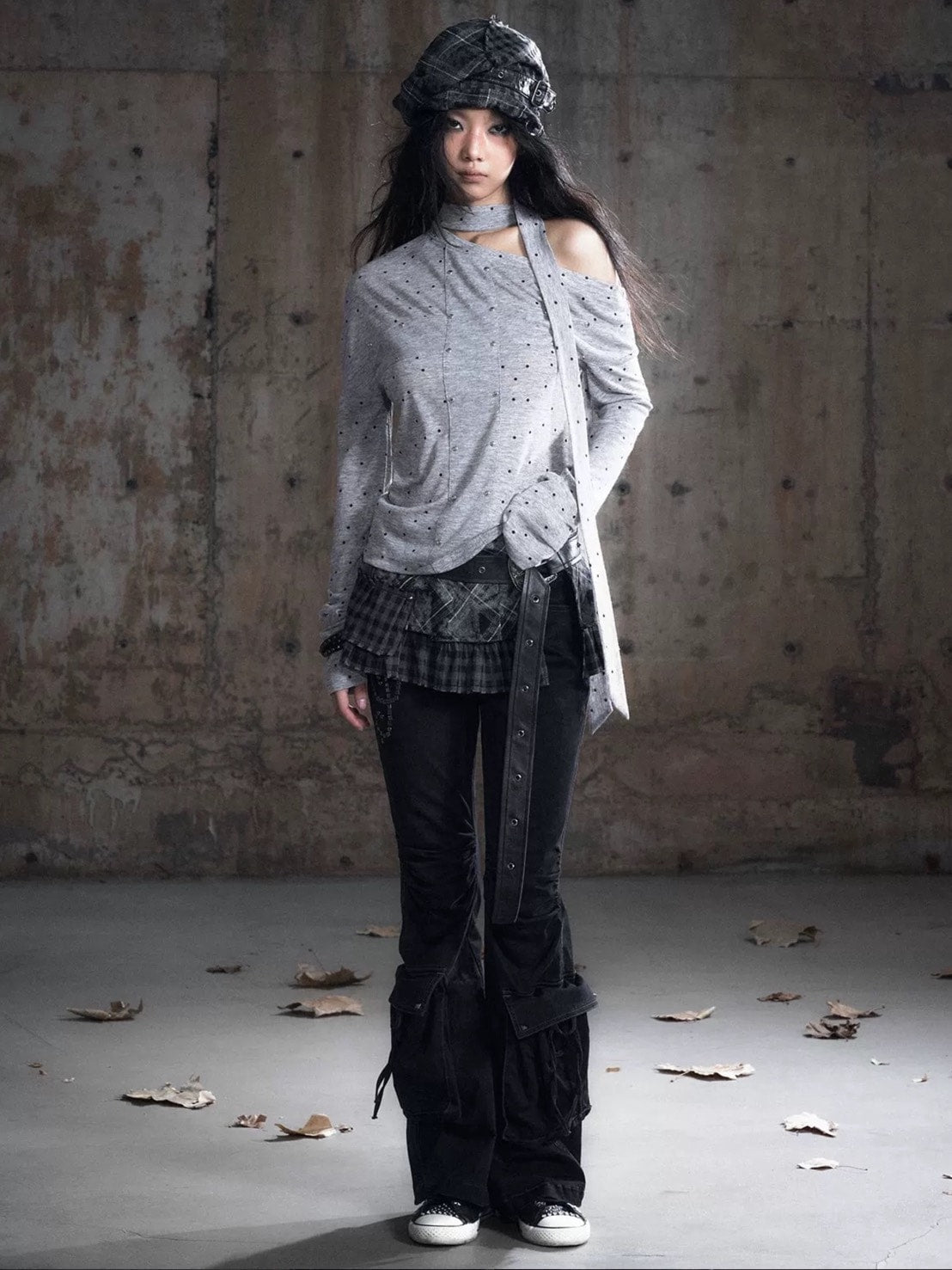 【Cest Nous】Grey Polka Dot Top / 【セヌー】タイ付きワンショルダー長袖トップス