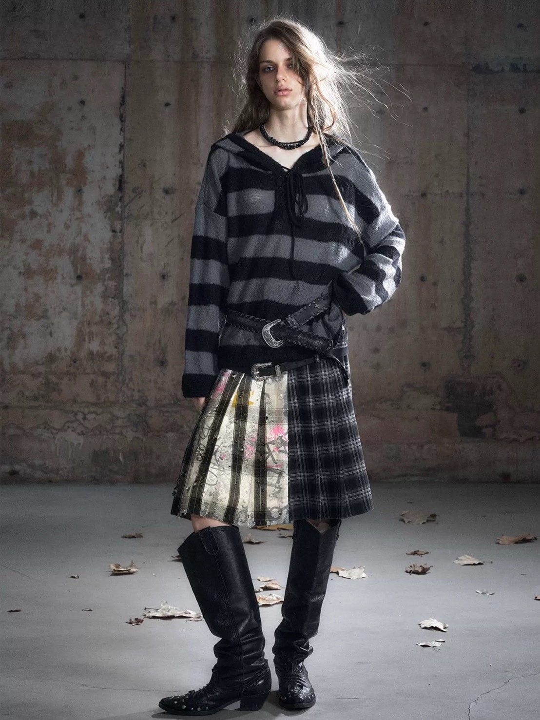 【Cest Nous】Plaid Pleated Skirt / 【セヌー】レイヤードデザインベルトプリーツスカート