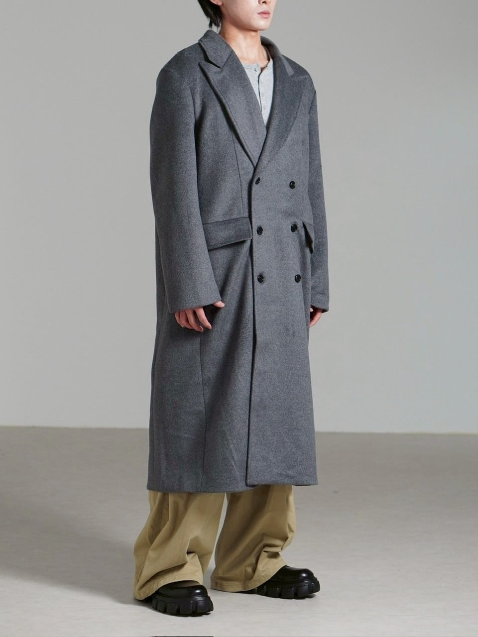 受注制【Chikashitsu +】overfit cashmere blend double long coat / 【チカシツプラス】オーバーフィットカシミヤブレンドダブルロングコート (3color)