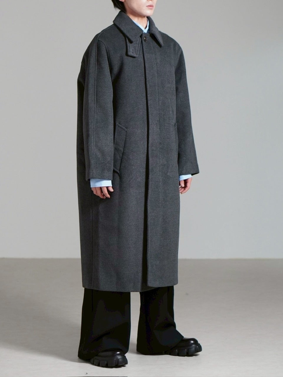 受注制【Chikashitsu +】high neck wool blend long coat (2color