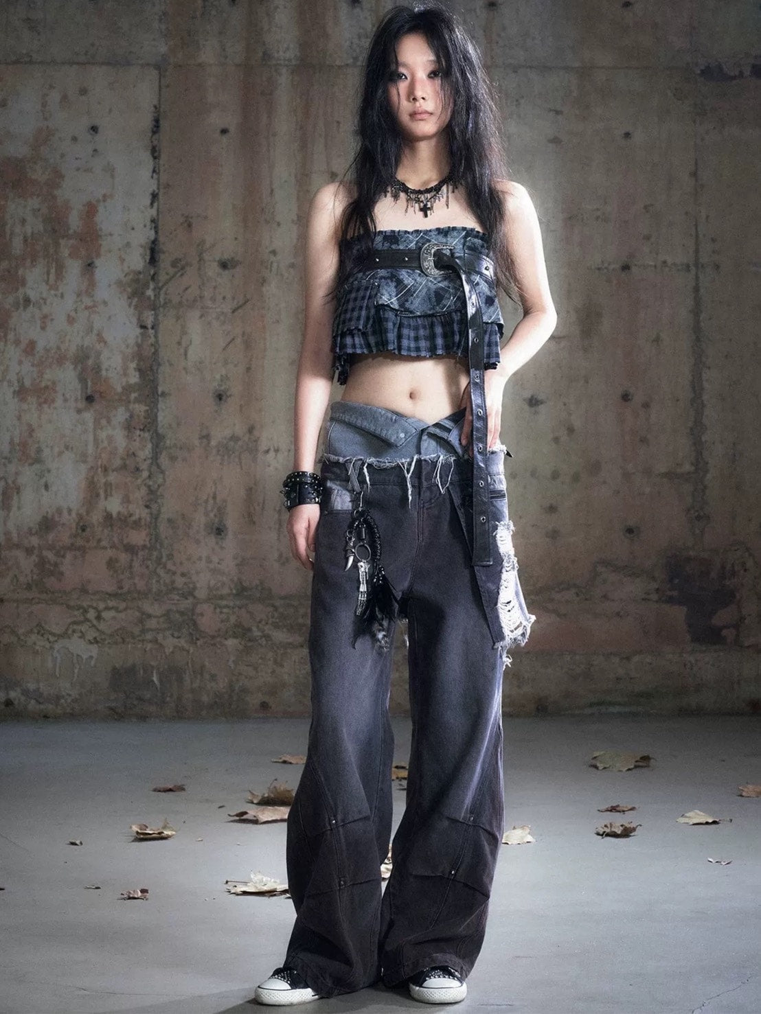 【Cest Nous】Black & Red Wide-Leg Pants / 【セヌー】ダブルウエストダメージデニムパンツ