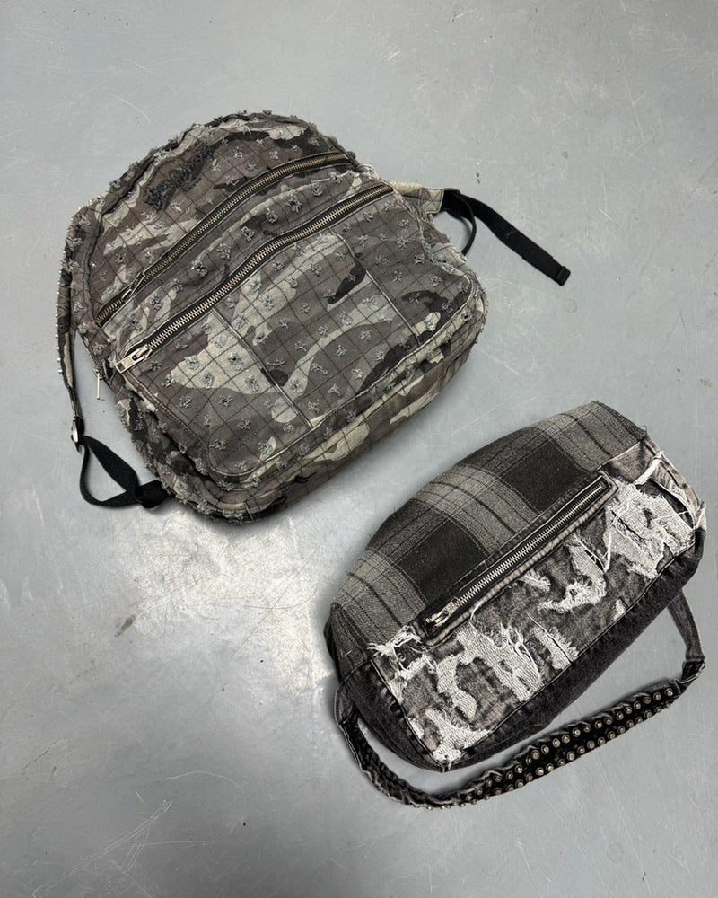 【Reckless Scholars】CAMMO TRASHED STUDDED BACKPACK / 【レックレス スカラーズ】トラッシュスタッズバックパック